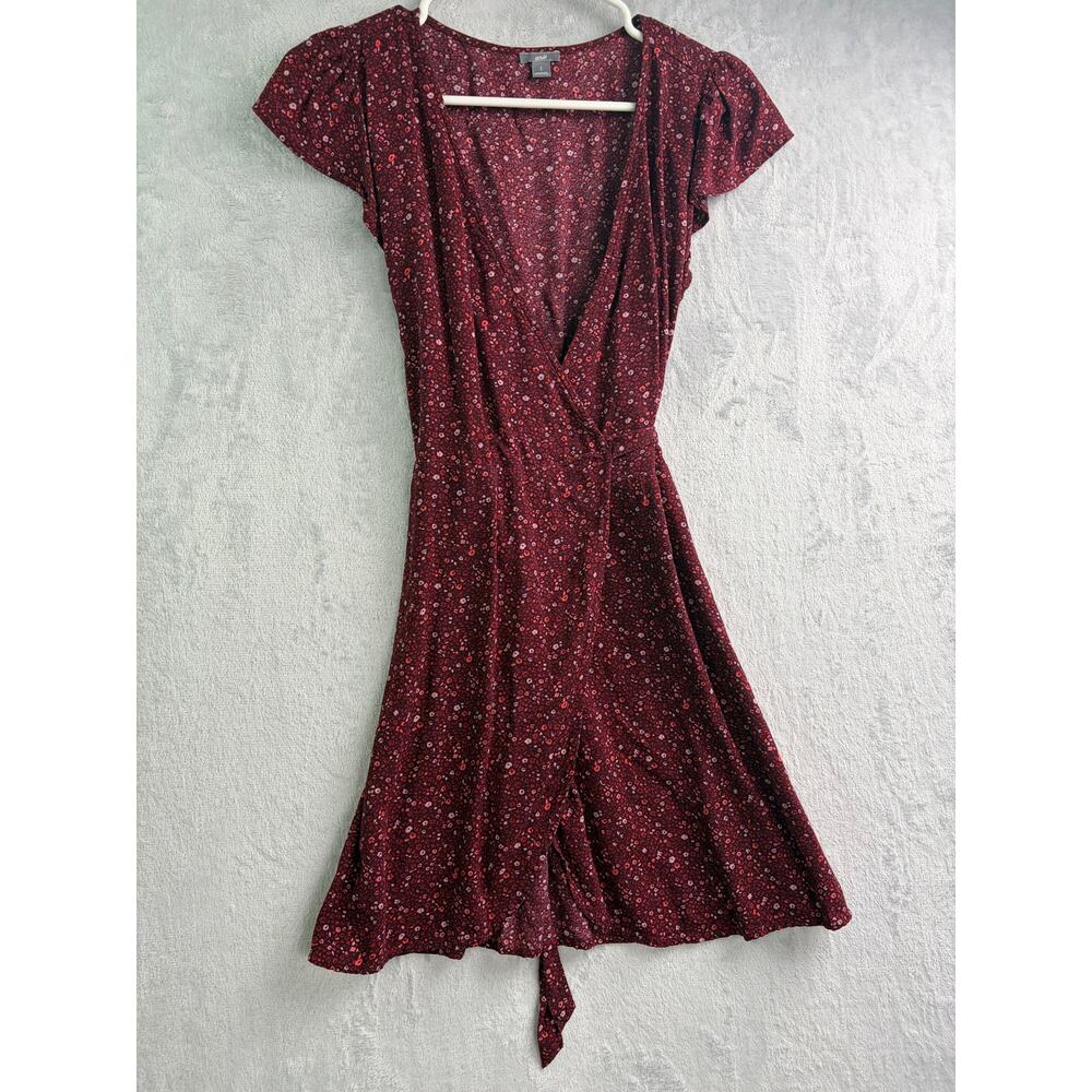 Aerie Burgundy Floral Flutter Sleeve Wrap Dress - Size Small - Picture 5 of 8